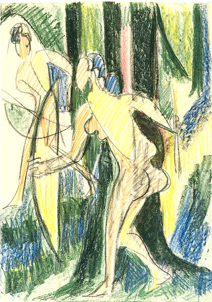 Arching girls in the wood - Crayons and pencil